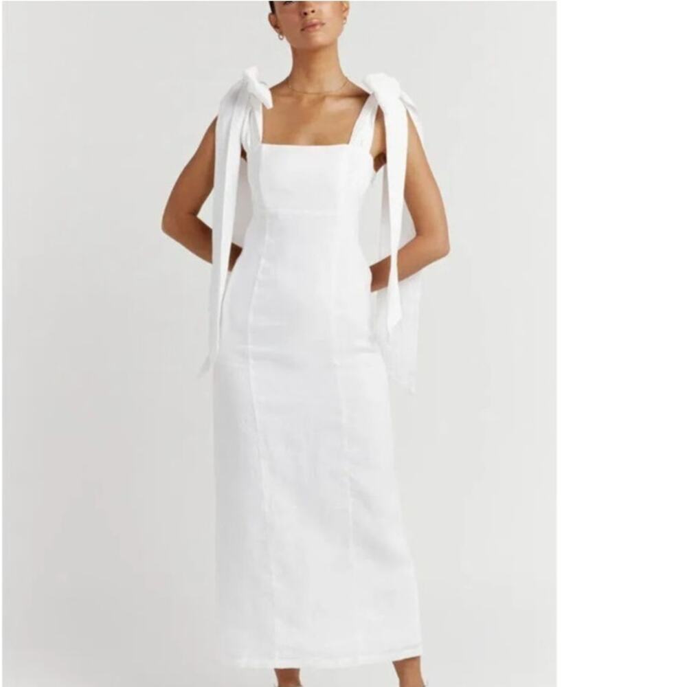 DISSH Aisle White Linen Bow Midi Dress size US6 Square Neck Tie Shoulder